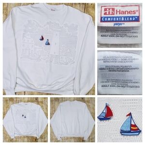Vintage White Nautical Sweatshirt Womens 3XL Cottagecore Grannycore Handmand 90s